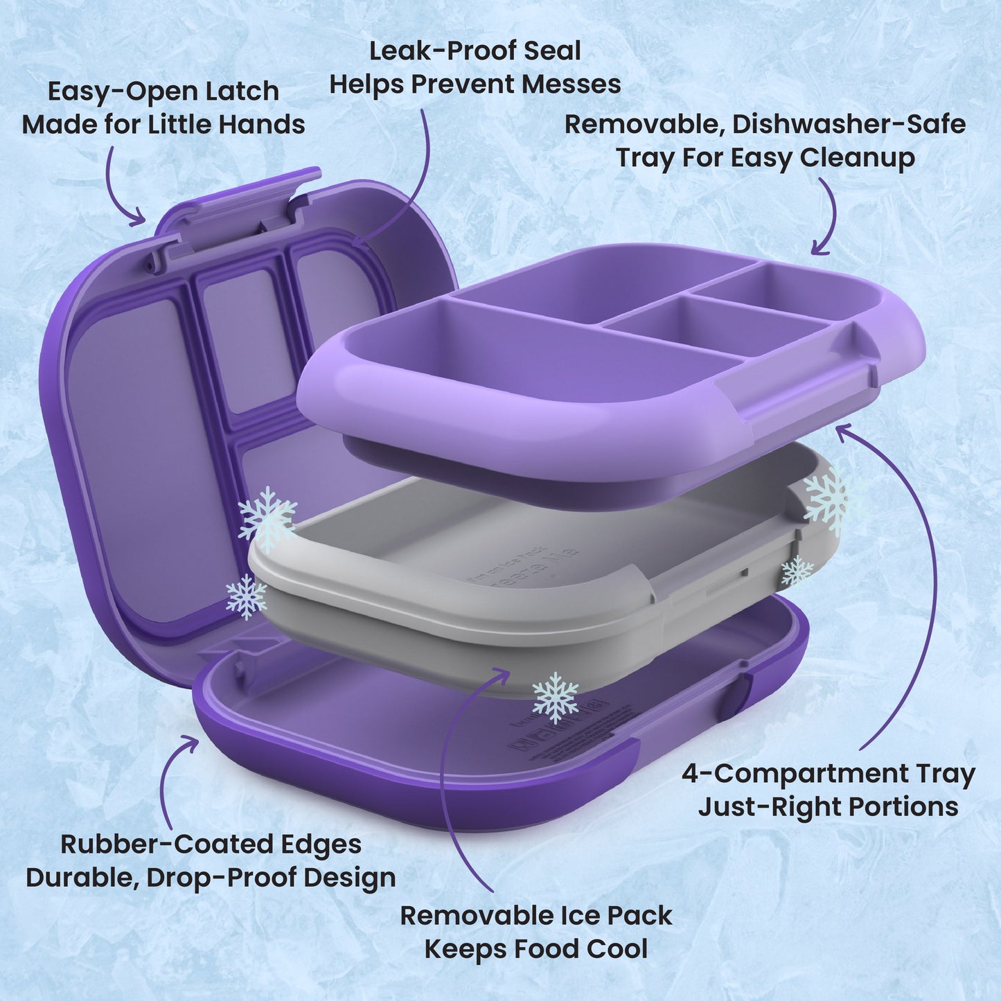 Bentgo® Chill Kids Lunch Box - Purple | Easy-Open Latch Made for Little Hands, Leak-Proof Seal Helps Prevent Messes, Removable, Dishwasher-Safe Tray for Easy Cleanup, 4-Compartment Tray Just-Right Portions, Removable Ice Pack Keeps Food Cool, and Rubber-Coated Edges - Durable, Drop-Proof Design