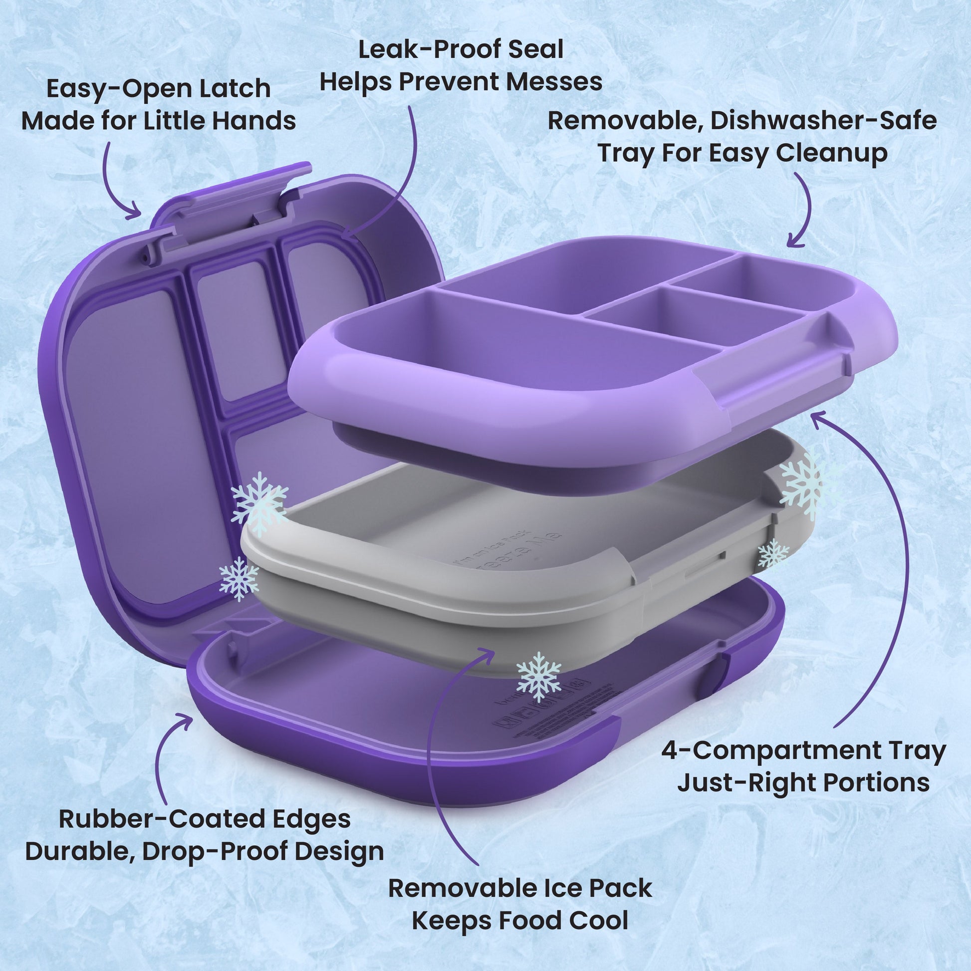 Bentgo® Chill Kids Lunch Box - Purple | Easy-Open Latch Made for Little Hands, Leak-Proof Seal Helps Prevent Messes, Removable, Dishwasher-Safe Tray for Easy Cleanup, 4-Compartment Tray Just-Right Portions, Removable Ice Pack Keeps Food Cool, and Rubber-Coated Edges - Durable, Drop-Proof Design