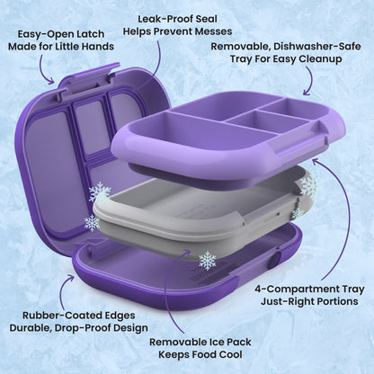 Bentgo® Chill Kids Lunch Box - Purple | Easy-Open Latch Made for Little Hands, Leak-Proof Seal Helps Prevent Messes, Removable, Dishwasher-Safe Tray for Easy Cleanup, 4-Compartment Tray Just-Right Portions, Removable Ice Pack Keeps Food Cool, and Rubber-Coated Edges - Durable, Drop-Proof Design