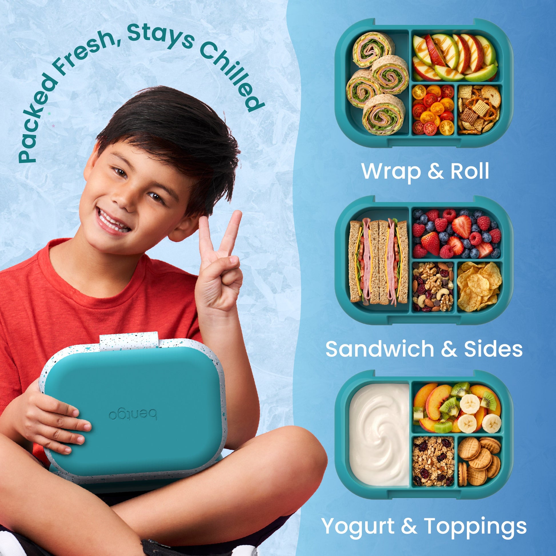 Bentgo® Chill Kids Lunch Box - Truly Teal Speckle | Packed Fresh, Stays Chilled - Wrap & Roll, Sandwich & Sides, and Yogurt & Toppings