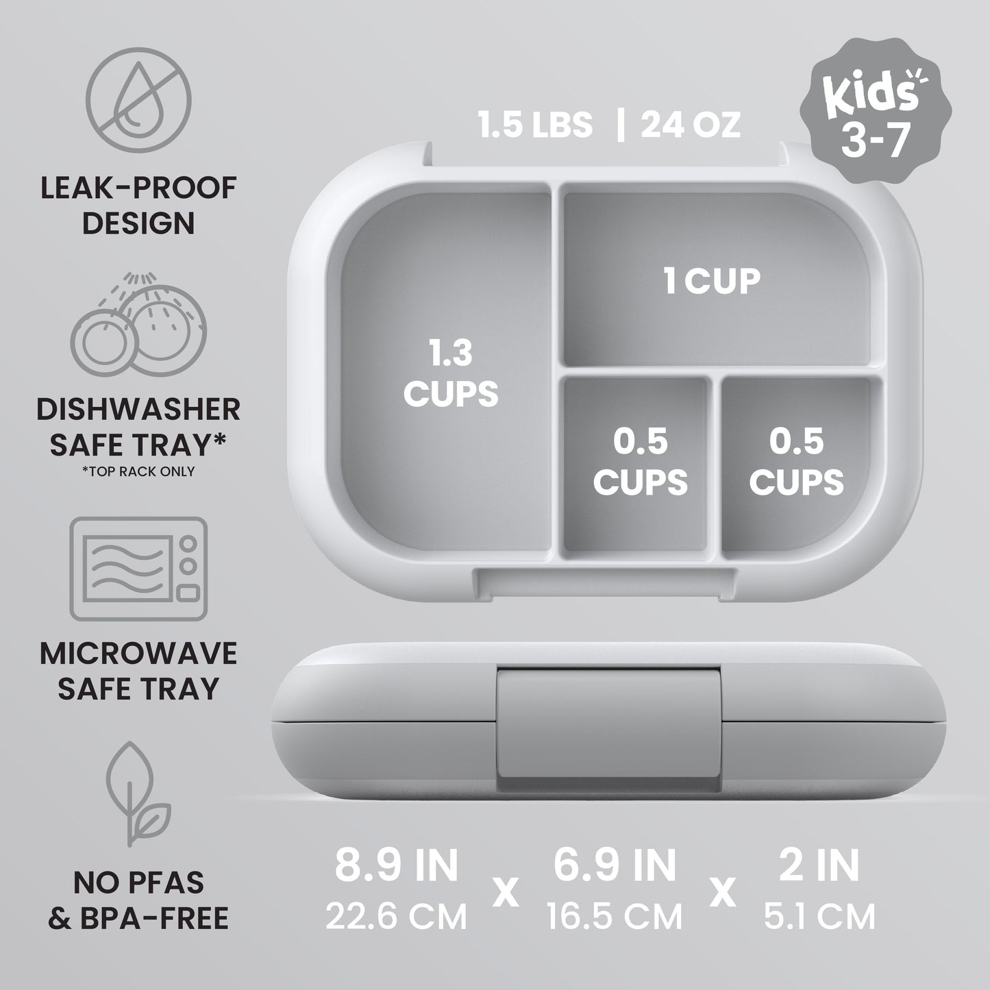 Bentgo® Chill Kids Lunch Box - Gray | Kids 3-7 | Leak-Proof Design, Dishwasher Safe Tray (Top-Rack Only), Microwave Safe Tray, and No PFAS & BPA-Free | Product Dimensions