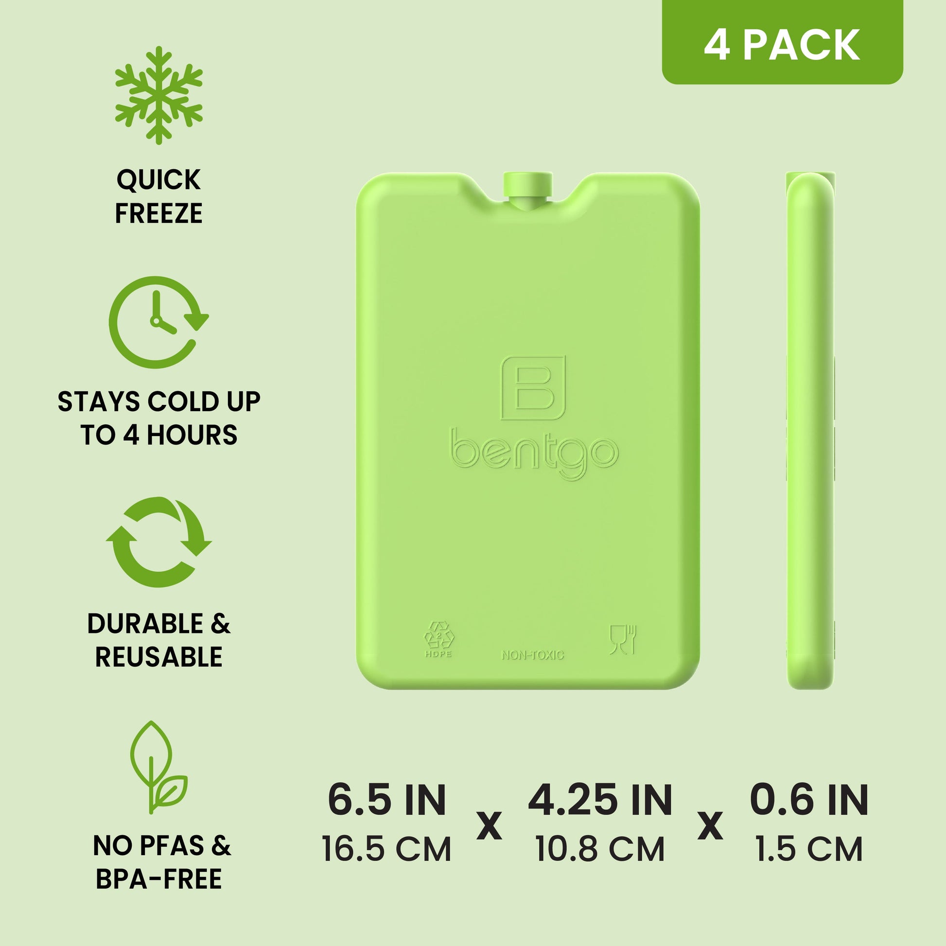 Bentgo Chillers Reusable Ice Packs (4-Pack) - Green | Quick Freeze, Stays Cold Up to 4 Hours, Durable & Reusable, and No PFAS & BPA - FREE