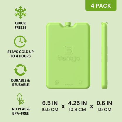 Bentgo Chillers Reusable Ice Packs (4-Pack) - Green | Quick Freeze, Stays Cold Up to 4 Hours, Durable & Reusable, and No PFAS & BPA - FREE