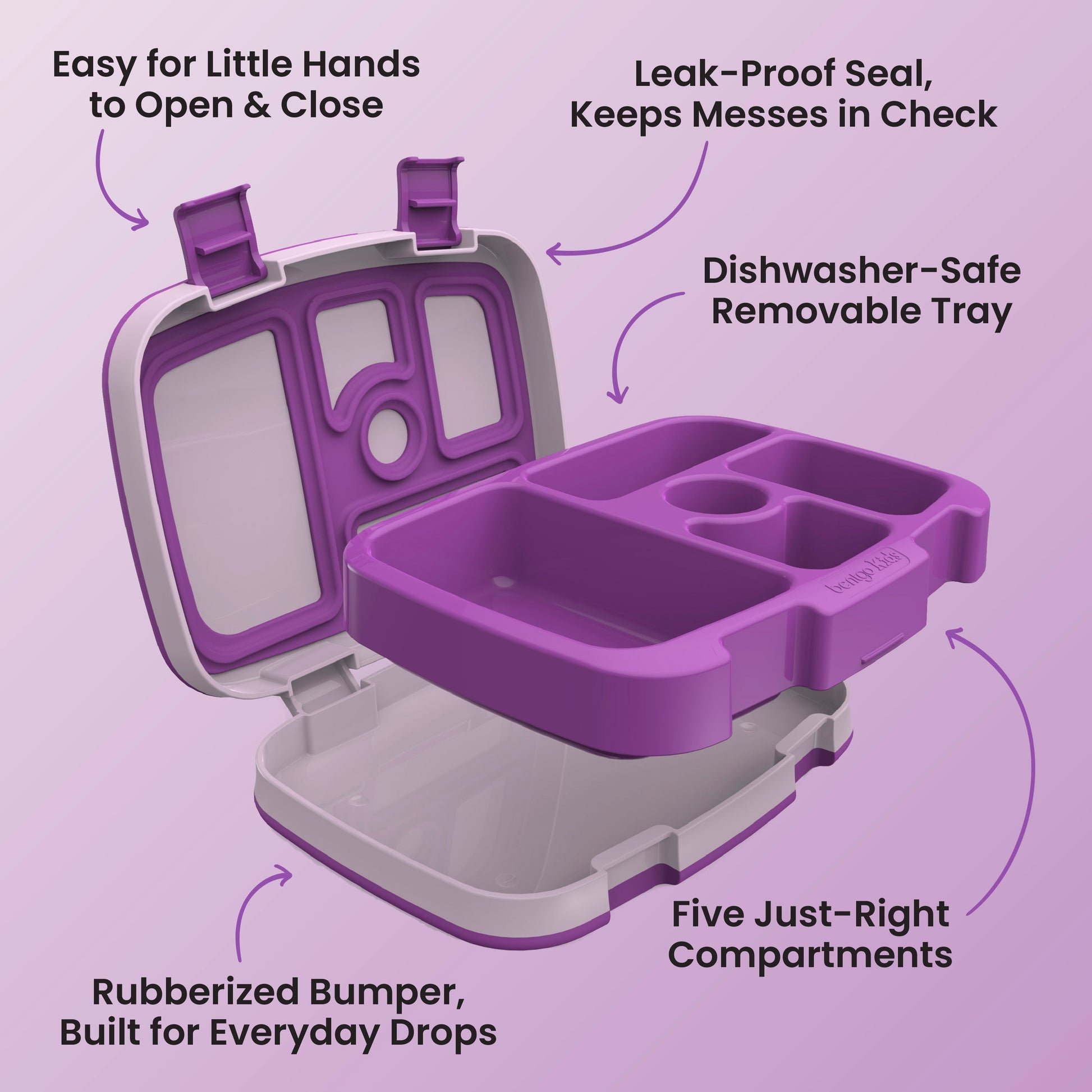 Bentgo® Kids Lunch Box - Purple | Easy for Little Hands to Open & Close, Leak-Proof Seal - Keeps Messes in Check, Dishwasher-Safe Removable Tray, Five Just Right Compartments, and Rubberized Bumper - Built for Everyday Drops
