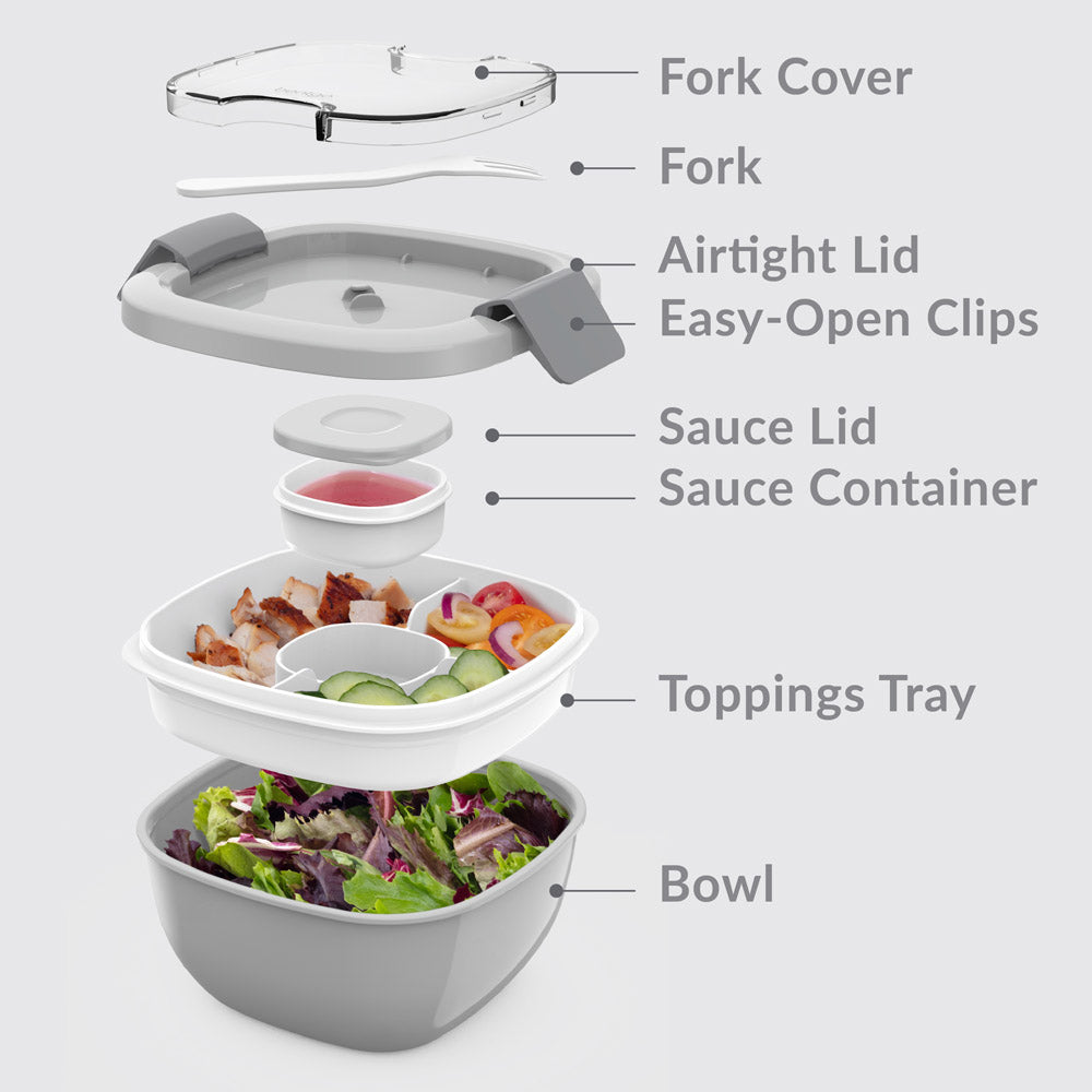 Bentgo® All-in-One Salad Container - Gray | Includes Fork Cover, Fork, Airtight Lid, Easy-Open Clips, Sauce Lid, Sauce Container, Toppings Tray, And Bowl