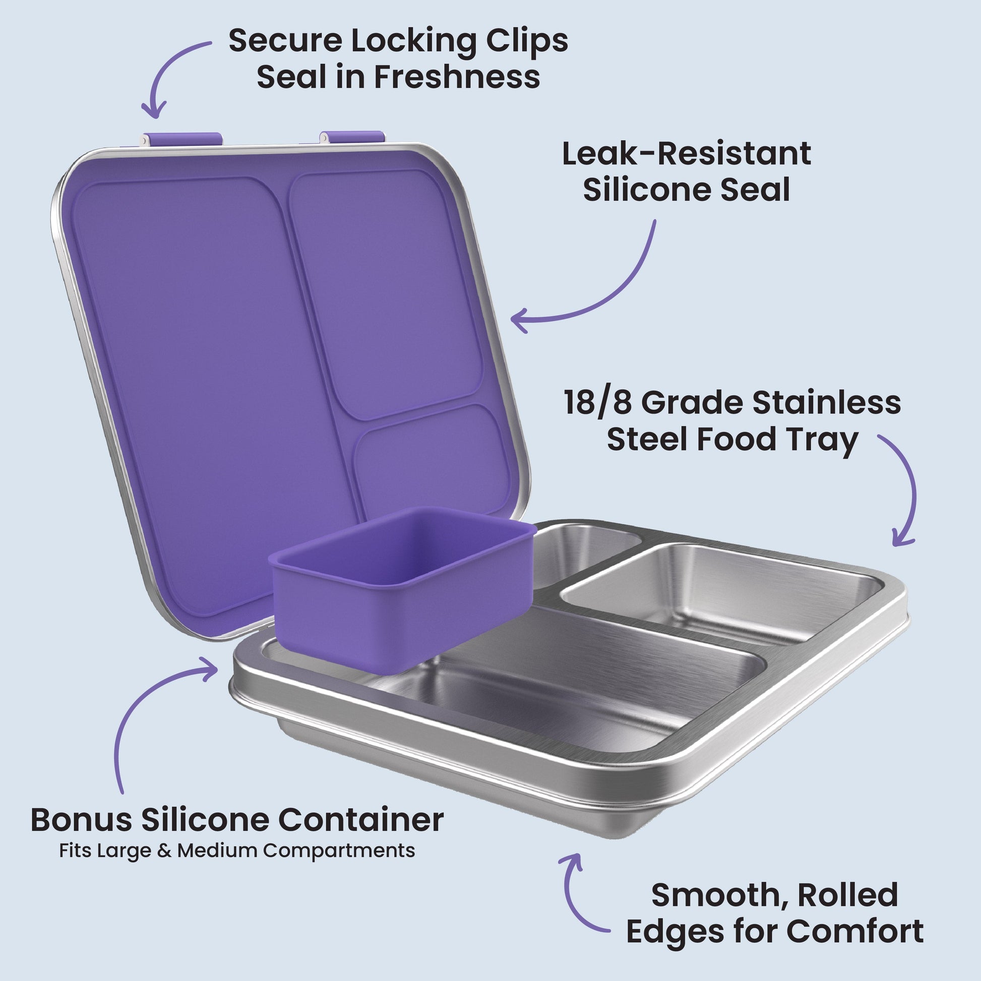 Bentgo Kids Stainless Steel Lunch Box (2-Pack) - Purple | Secure Locking Clips Seal In Freshness, Leak-Resistant Silicone Seal, 18/8 Grade Stainless Steel Food Tray, Bonus Silicone Container - Fits Large & Medium Compartments, And Smooth, Rolled Edges For Comfort