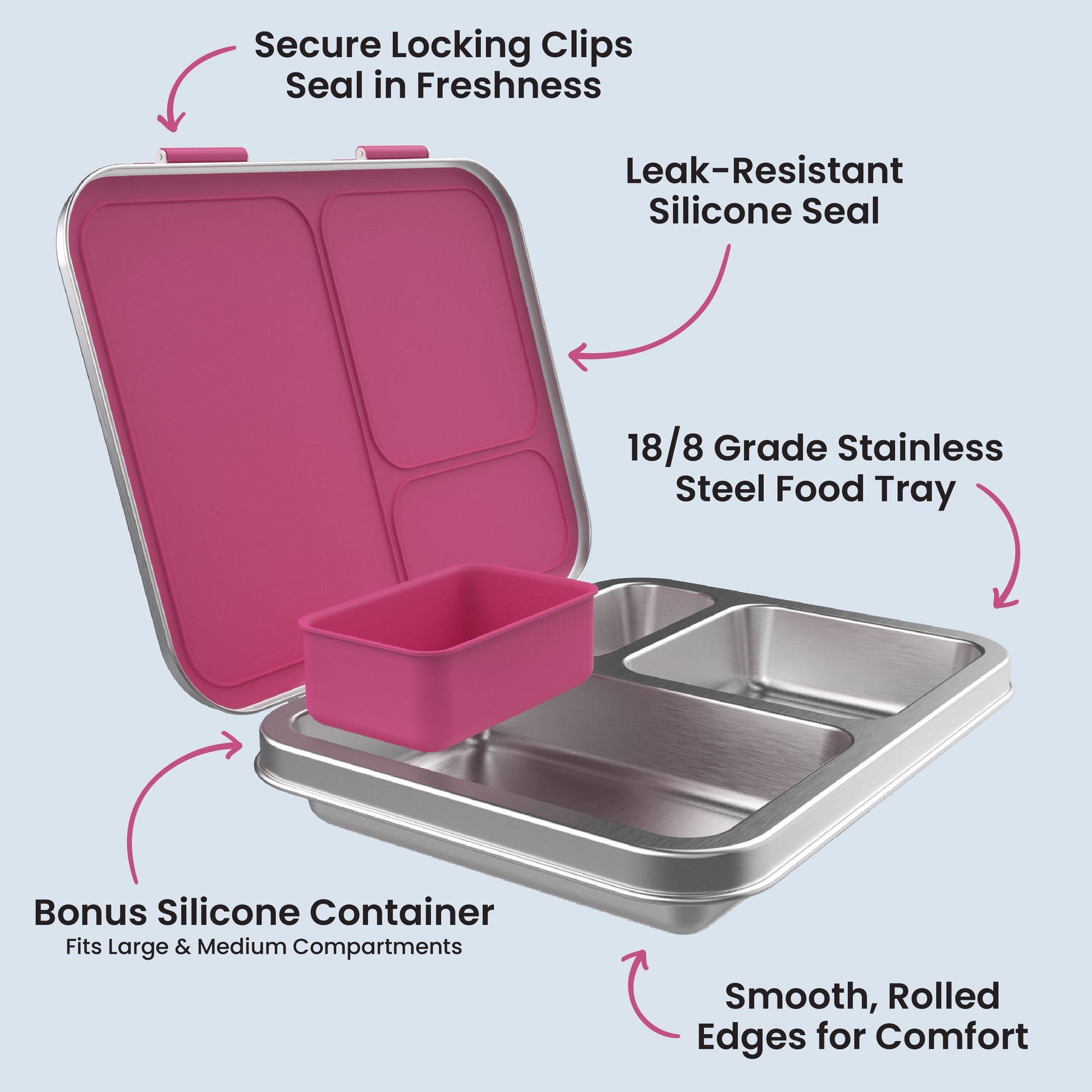 Bentgo Kids Stainless Steel Lunch Box - Fuchsia | Secure Locking Clips Seal In Freshness, Leak-Resistant Silicone Seal, 18/8 Grade Stainless Steel Food Tray, Bonus Silicone Container - Fits Large & Medium Compartments, And Smooth, Rolled Edges For Comfort
