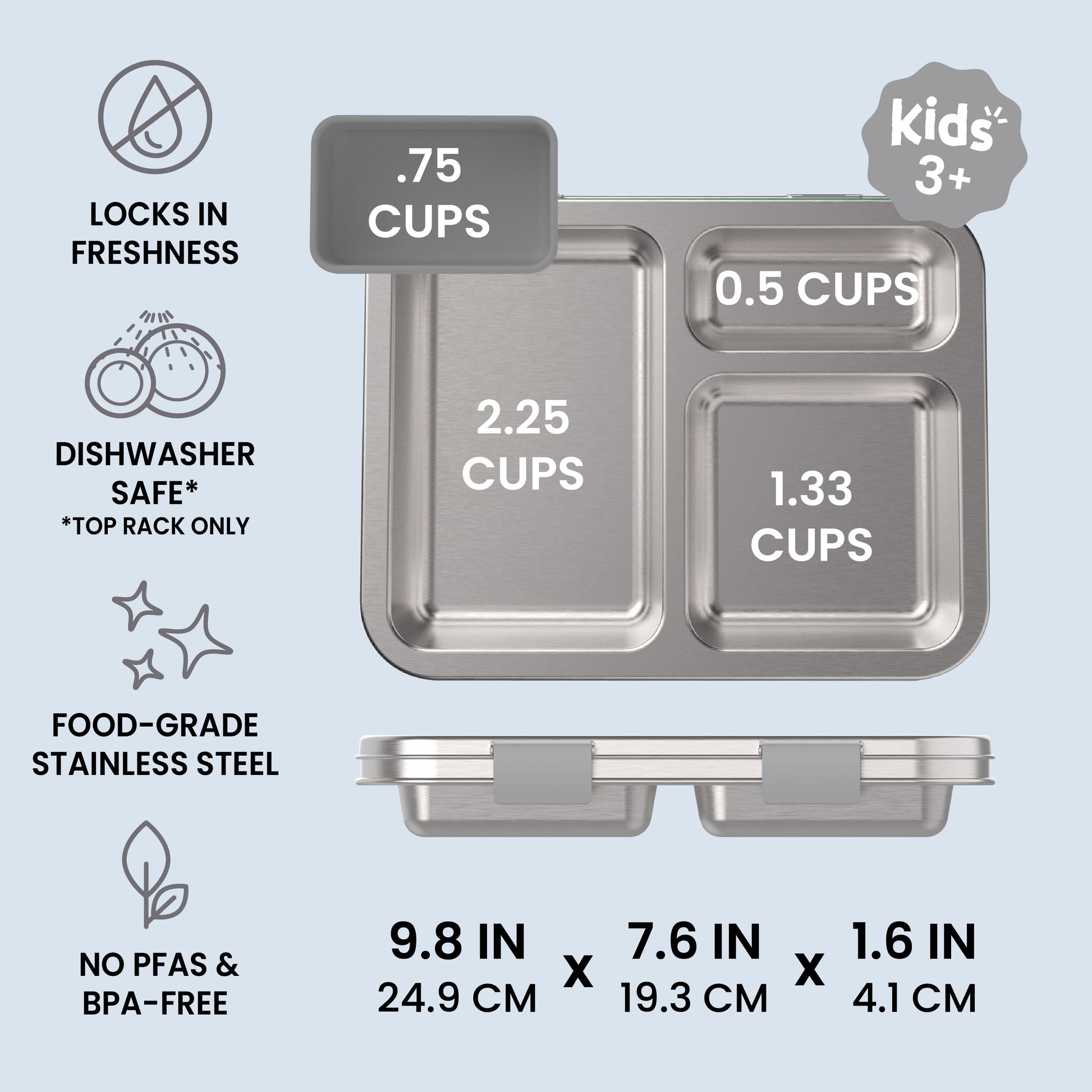 Bentgo Kids Stainless Steel Lunch Box - Silver | Locks In Freshness, Dishwasher Safe (Top Rack Only), Food-Grade Stainless Steel, And No PFAS & BPA-Free