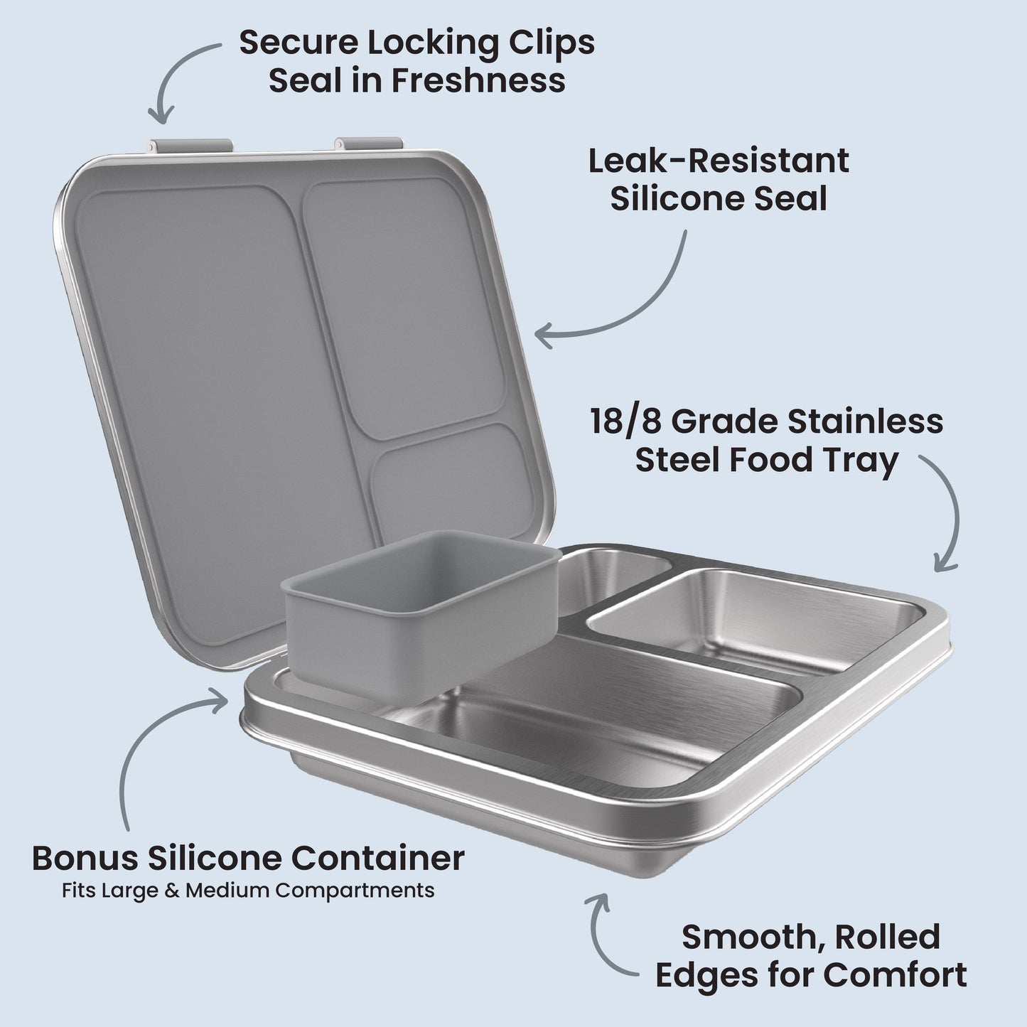 Bentgo Kids Stainless Steel Lunch Box (2-Pack) - Silver | Secure Locking Clips Seal In Freshness, Leak-Resistant Silicone Seal, 18/8 Grade Stainless Steel Food Tray, Bonus Silicone Container - Fits Large & Medium Compartments, And Smooth, Rolled Edges For Comfort