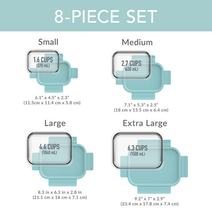 Bentgo® Glass Leak-Proof Food Storage Set (8-Piece) - Soft Aqua | Dimensions