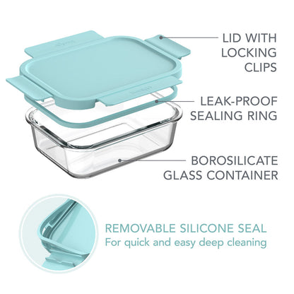 Bentgo® Glass Leak-Proof Food Storage Set (8-Piece) - Soft Aqua | Features Lid With Locking Clips, Leak-Proof Sealing Ring, Borosilicate Glass Container, And Removable Silicone Seal