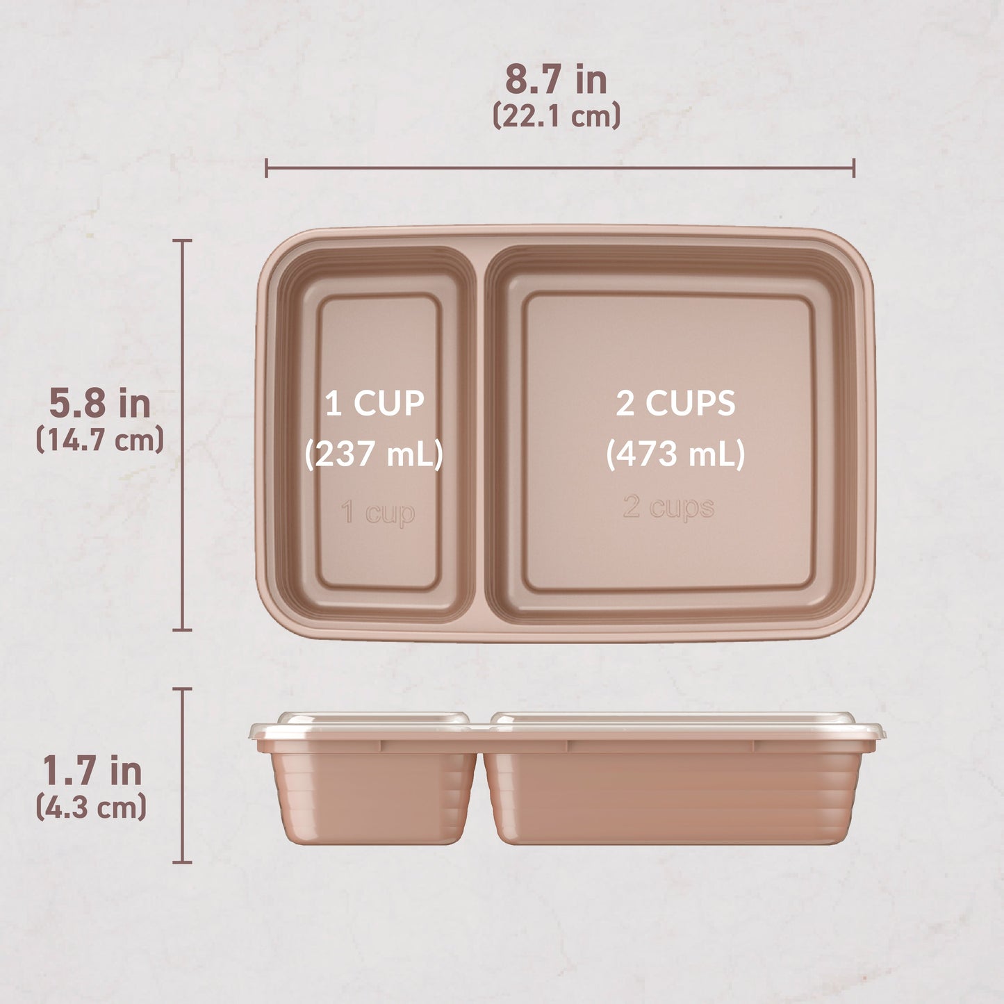 Bentgo® Prep 2-Compartment Meal Prep Containers (20-Piece) - Rose Gold | Dimensions