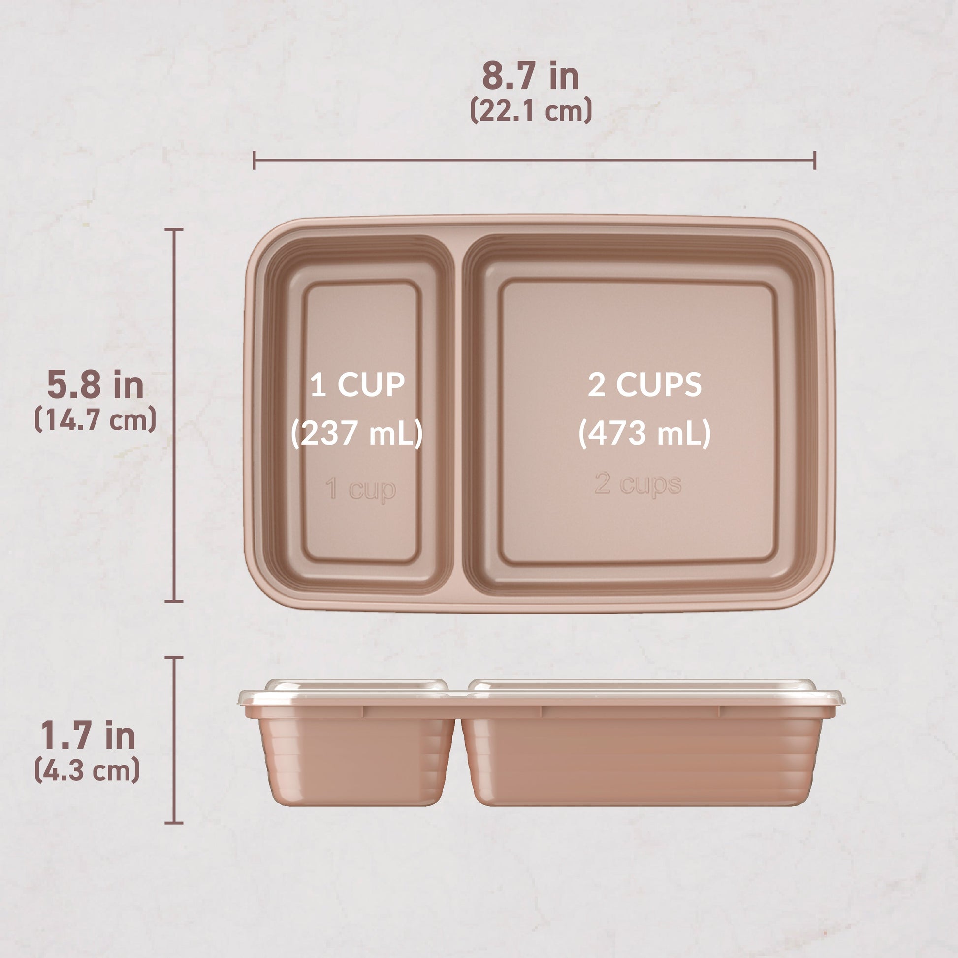 Bentgo® Prep 2-Compartment Meal Prep Containers (20-Piece) - Rose Gold | Dimensions
