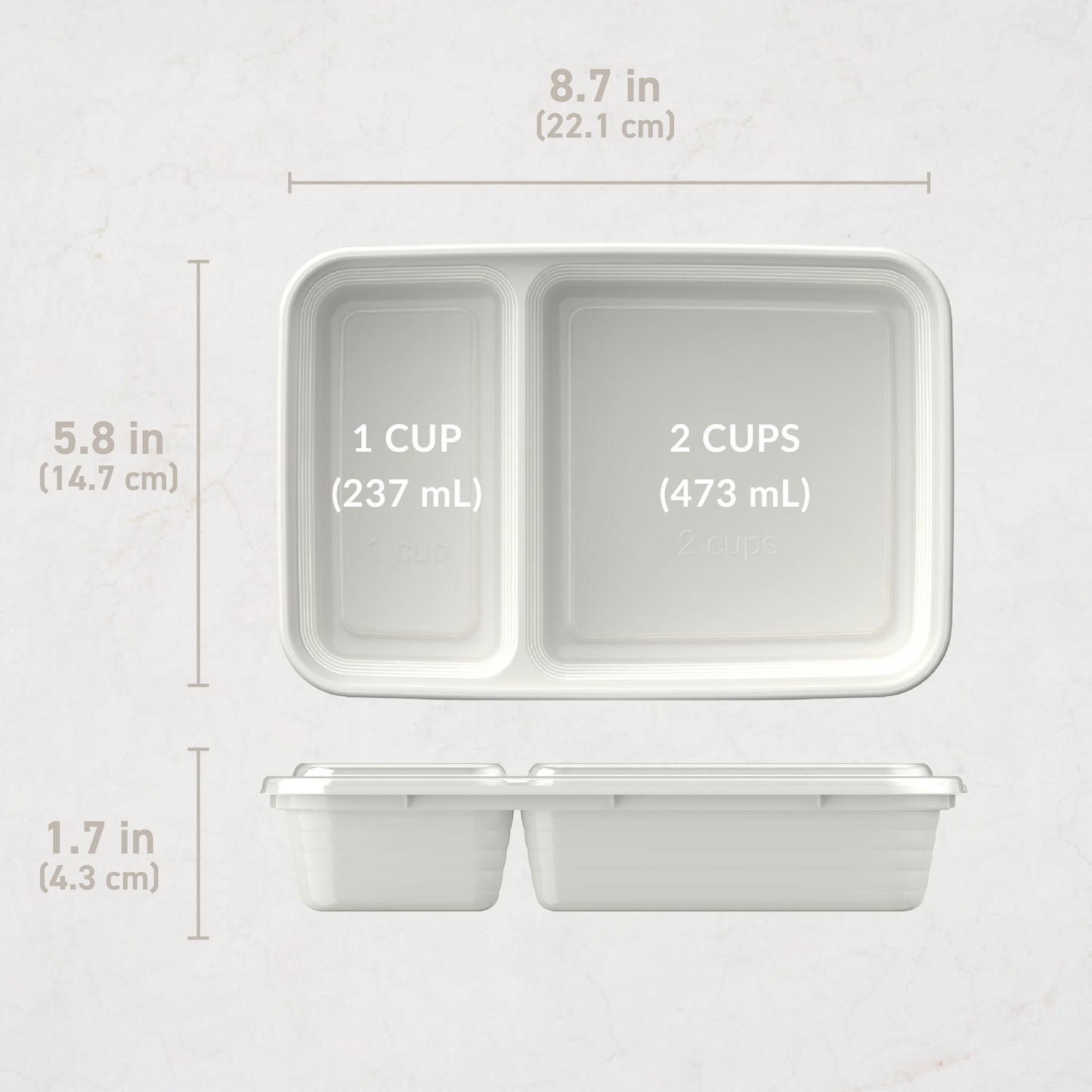 Bentgo® Prep 2-Compartment Meal Prep Containers (20-Piece) - Whisper Gray | Dimensions