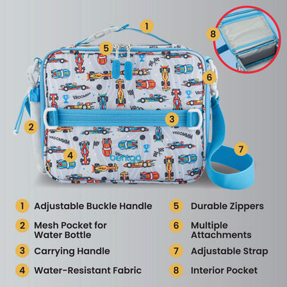 Bentgo Kids Prints Lunch Bag - Race Cars | Adjustable Buckle Handle, Mesh Pocket For Water Bottle, Carrying Handle,Water-Resistant Fabric, Durable Zipper, Multiple Attachments, Adjustable Strap, And Interior Pocket