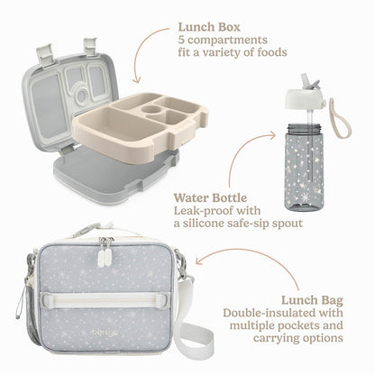 Bentgo Kids Whimsy & Wonder Prints Pack - Starry Sprinkle | Lunch Box, Water Bottle, And Lunch Bag