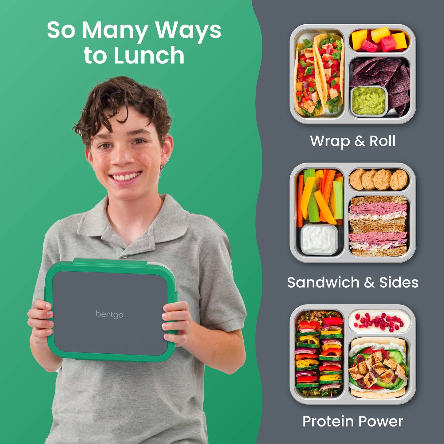 Bentgo Stainless Steel Snack Box - Gray Leaf | So Many Ways to Lunch - Wrap & Roll, Sandwich & Sides, Protein Power