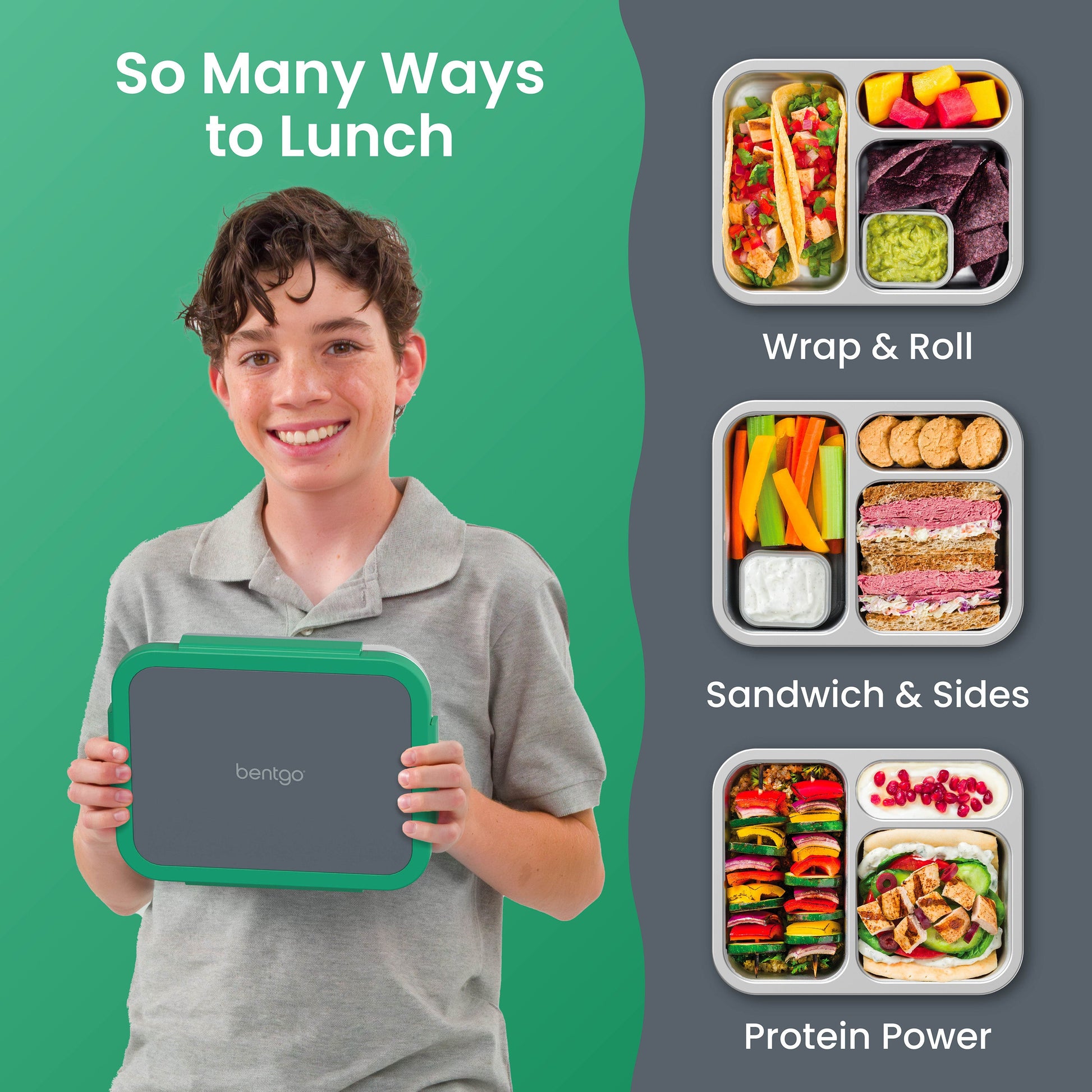 Bentgo Stainless Steel Snack Box - Gray Leaf | So Many Ways to Lunch - Wrap & Roll, Sandwich & Sides, Protein Power