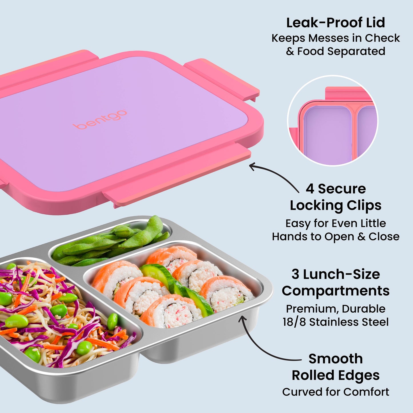 Bentgo Stainless Steel Snack Box - Lilac Pink | Leak-Proof Lid - Keeps Messes In Check & Food Separated, 4 Secure Locking Clips - Easy For Even Little Hands To Open & Close, 3 Lunch-Size Compartments - Premium, Durable 18/8 Stainless Steel, And Smooth Rolled Edges - Curved For Comfort