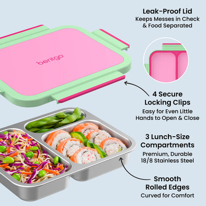 Bentgo Stainless Steel Snack Box - Strawberry | Leak-Proof Lid - Keeps Messes In Check & Food Separated, 4 Secure Locking Clips - Easy For Even Little Hands To Open & Close, 3 Lunch-Size Compartments - Premium, Durable 18/8 Stainless Steel, And Smooth Rolled Edges - Curved For Comfort