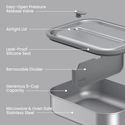 Bentgo® MicroSteel Lunch Box - Stainless Steel | Easy-Open Pressure Release Valve, Airtight Lid, Leak-Proof Silicone Seal, Removable Divider, Generous 5-Cup Capacity, And Microwave & Oven Safe Stainless Steel