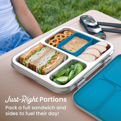 Bentgo® Kids Stainless Steel Prints Lunch Box - Dinosaur | Secure Locking Clips - Seals In Freshness, Leak-Resistant Silicone Seal, 18/8 Grade Stainless Steel Food Tray, Smooth Rolled Edges For Comfort, Bonus Silicone Container - Fits Large & Medium Compartments