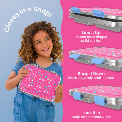 Bentgo® Kids Stainless Steel Prints Lunch Box - Rainbows and Butterflies | Closes in a Snap | Line It Up - Match Back Hinges So Lid Sits Flat, Snap It Down - Press Lid Gently Until It Clicks, Lock It In - Snap Latches Shut & Go